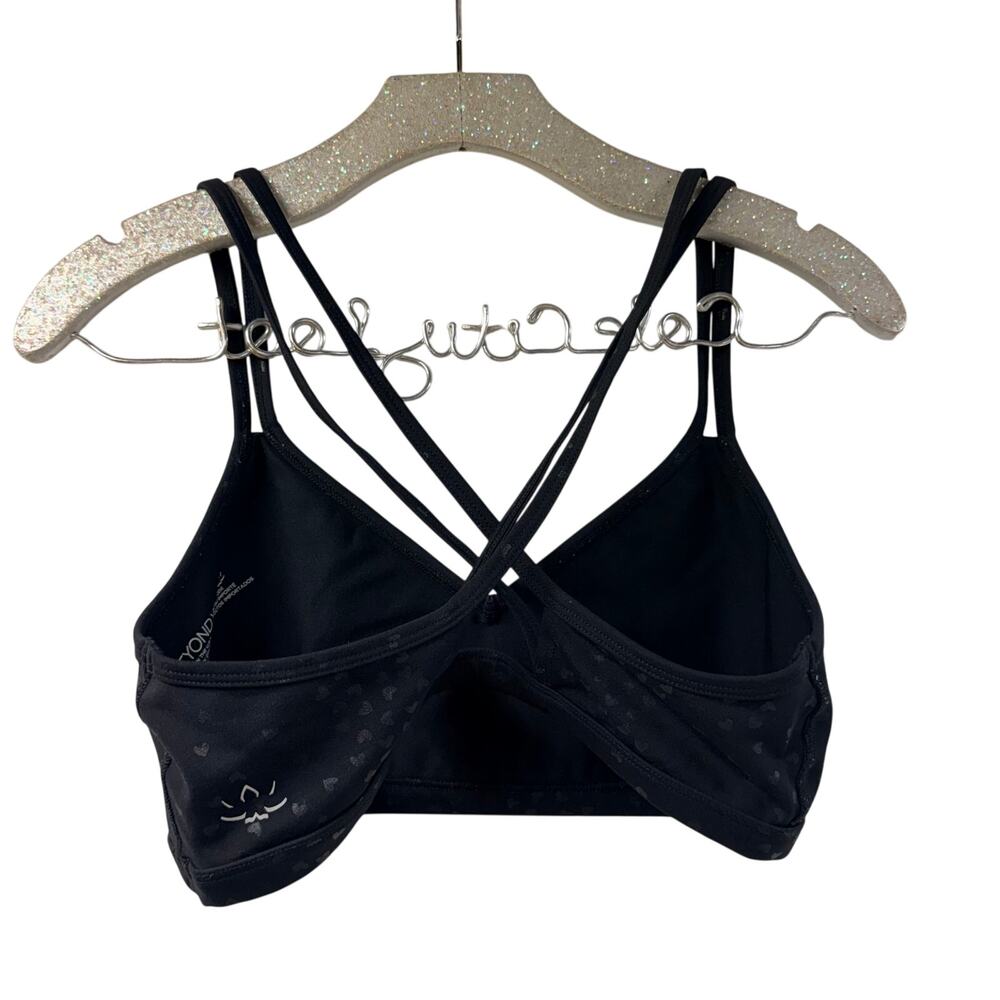 Beyond Yoga Criss Cross Back Black Sports Bra Heart Print Large